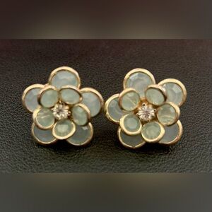 Y2K Mint Green Camellia Flower Stud Earrings Rhinestone Center Costume 2000s